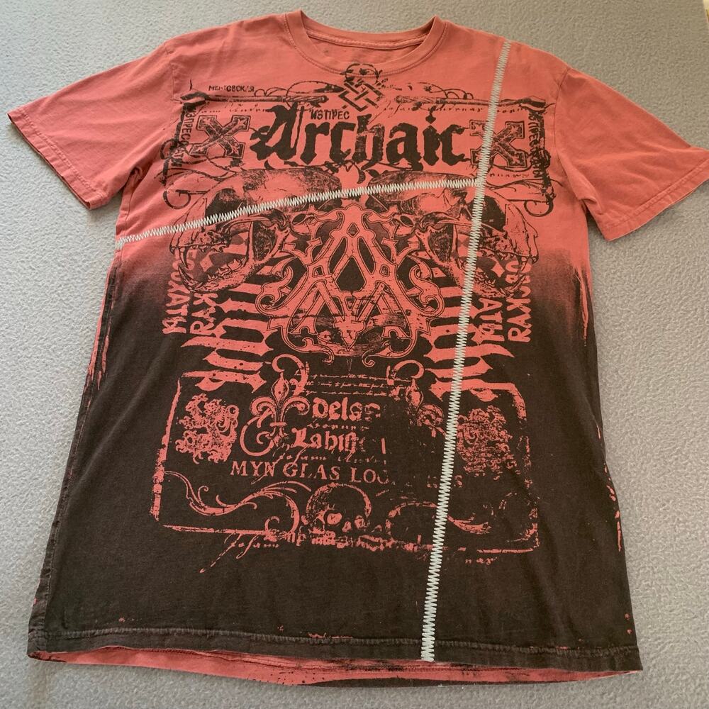 Archaic by Affliction Red Black T-Shirt Overlock Stitch Double Sided Dip Dye Lg